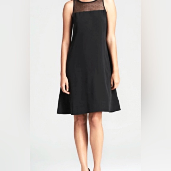 Eileen Fisher Silk Georgette Sleeveless Crepe Dress with Mesh Neckline Sz Lrg - Picture 5 of 6
